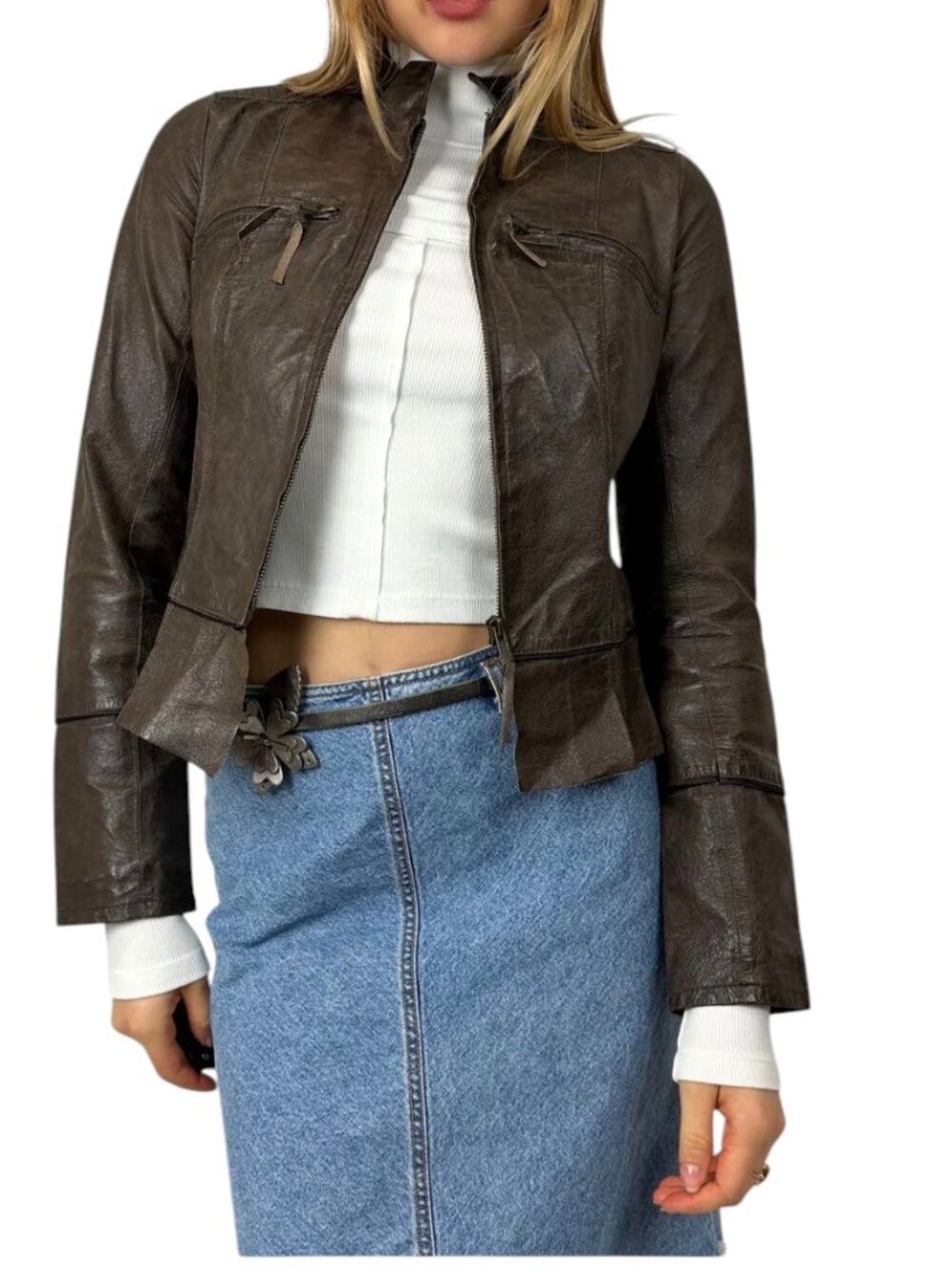 Arden B. Vtg Fitted Leather Zip Jacket, Brown, S